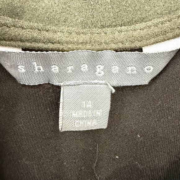 Sharagano Dress Women's 14 Olive Green Faux Suede Puff Sleeve Forest Fairy Shift - Picture 5 of 8